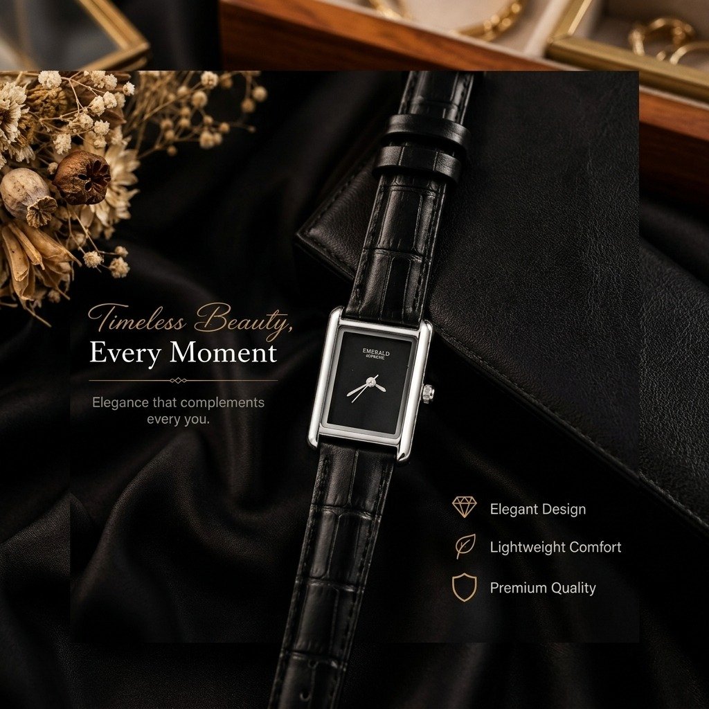 Emerald Supreme Couple Watches - Rectangular Black Dial with Silver Case & Black Leather Strap - His & Hers Set